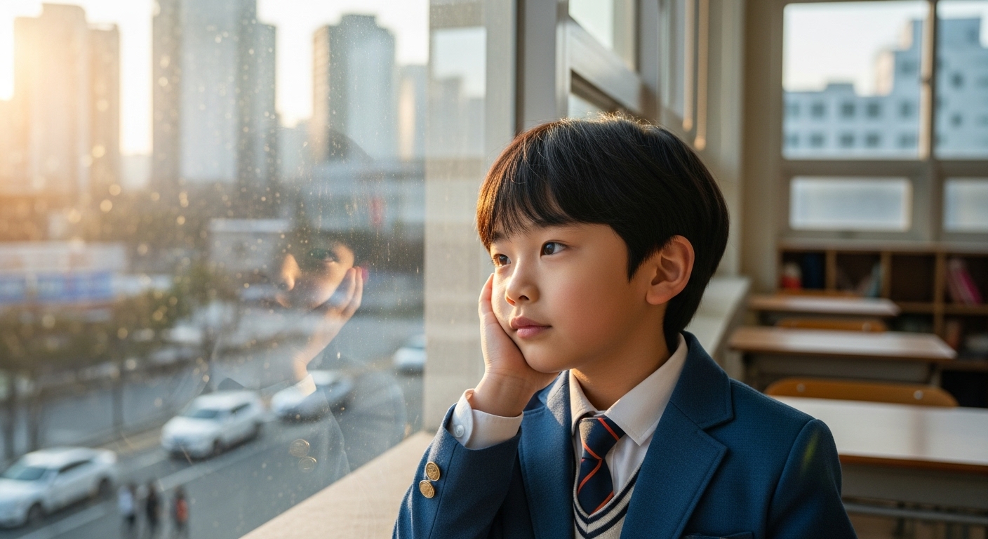 학교 교실 창가에서 생각에 잠긴 모습의 교복 입은 소년