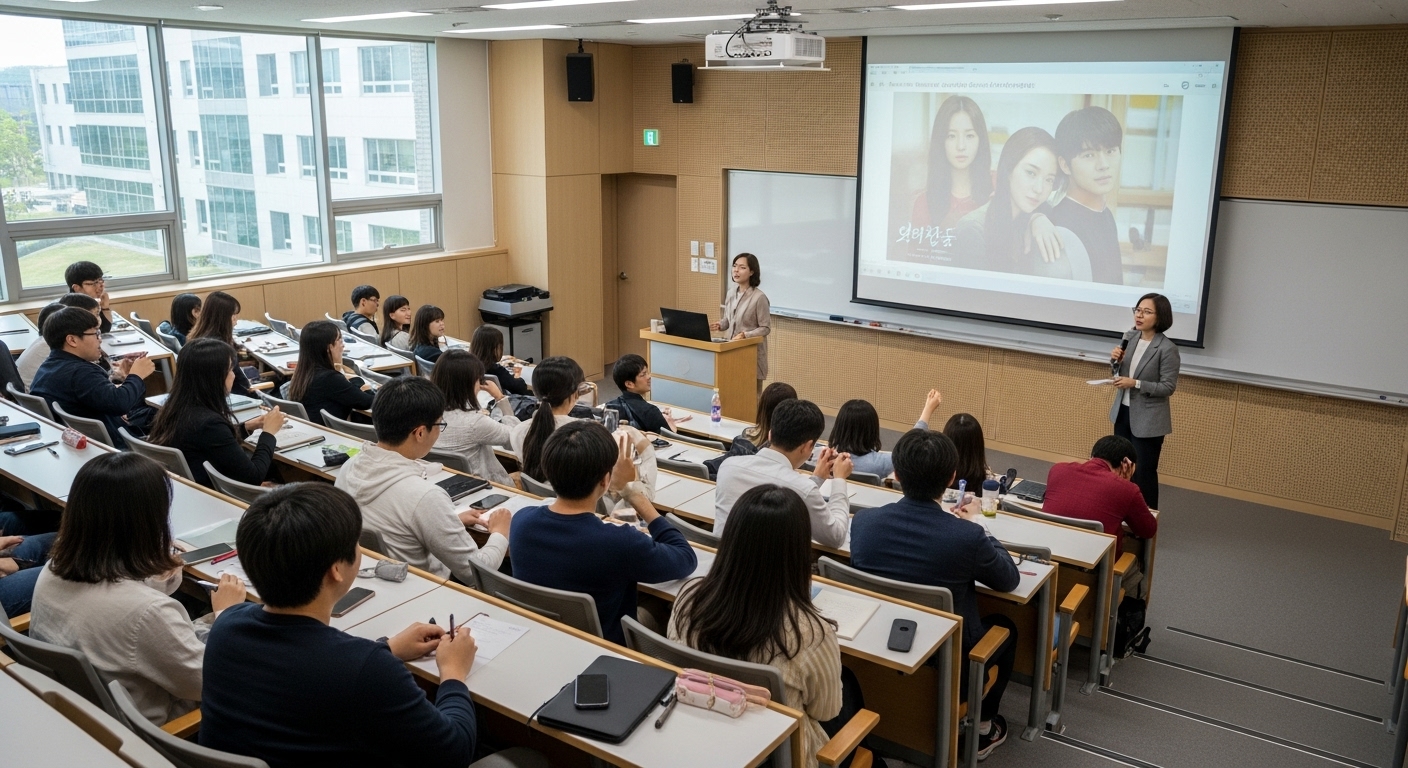 인기 드라마를 주제로 강의를 듣고 있는 대학 강의실 학생들