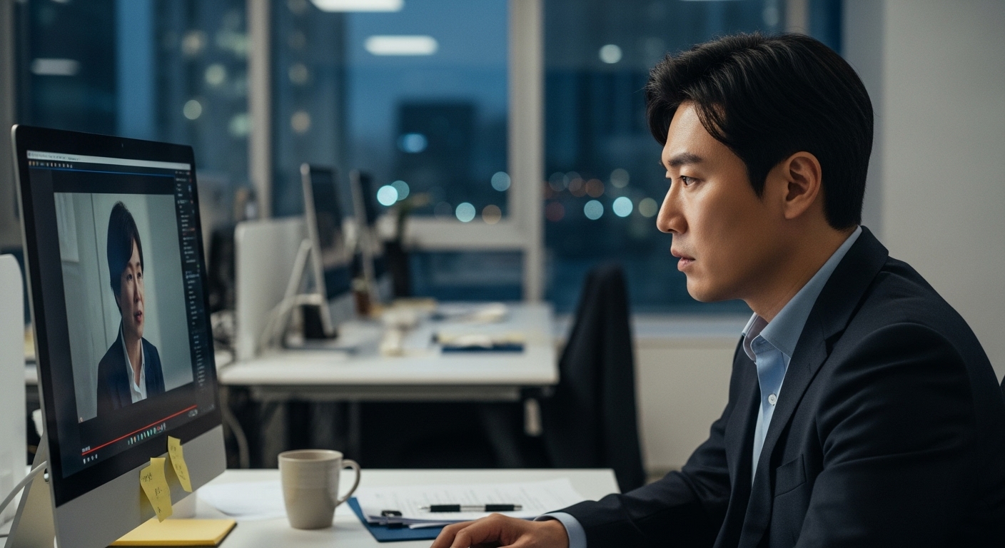 사무실에서 진지한 표정으로 인터뷰 영상을 시청하는 기자
