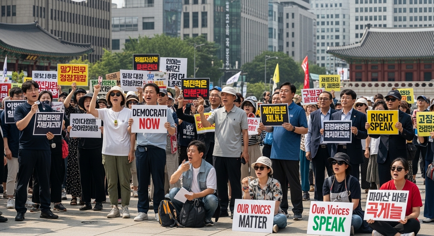 도시 광장에서 표현의 자유와 인권을 옹호하는 팻말을 든 다양한 사람들이 모여 있는 모습