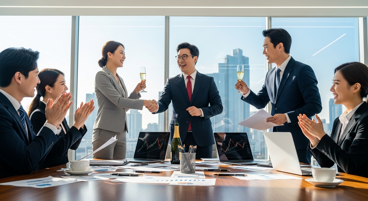 회의실에서 투자 유치를 축하하는 비즈니스맨과 비즈니스우먼들