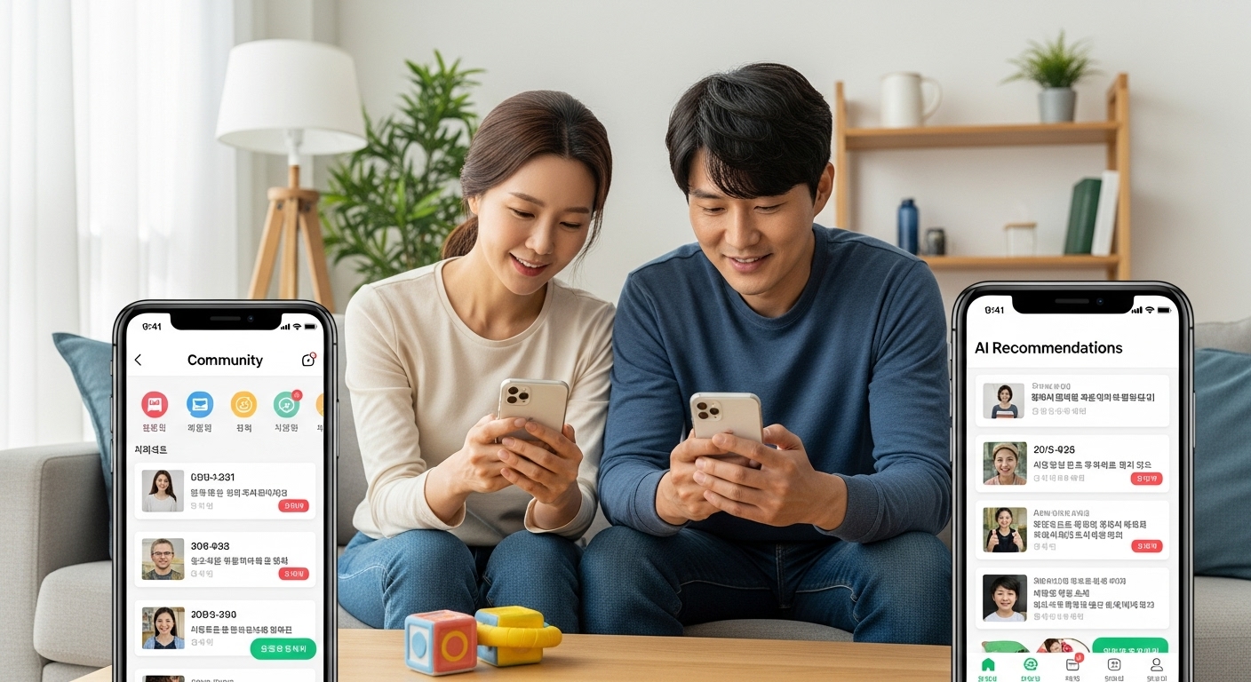 스마트폰으로 혁신적인 육아 앱을 사용하는 부모들의 모습