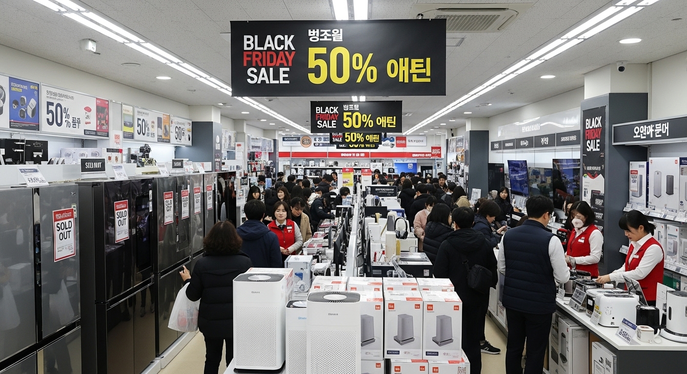 블랙프라이데이 세일 중 대형 가전제품 매장에서 많은 사람들이 쇼핑하는 장면