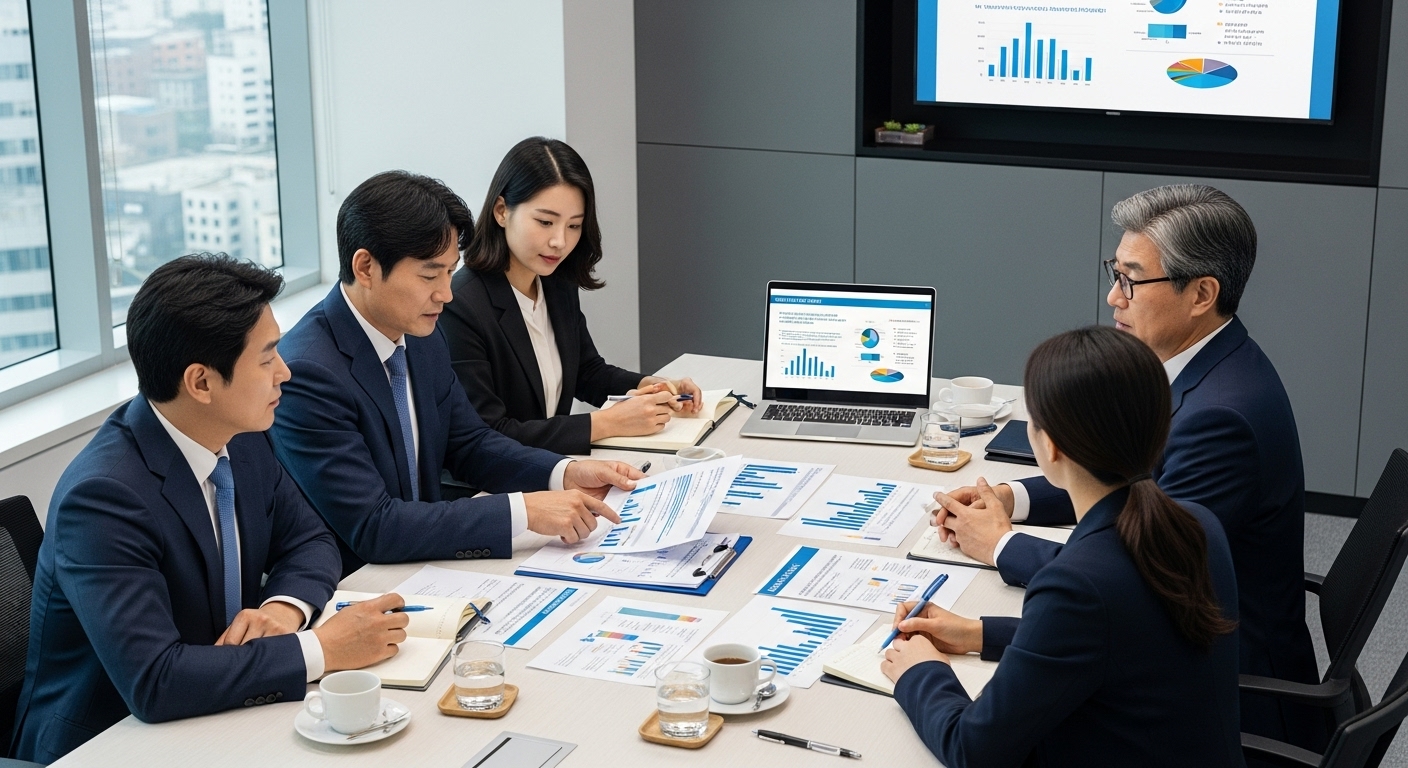 화학 물질 안전 관련 문서를 검토하는 비즈니스 전문가들