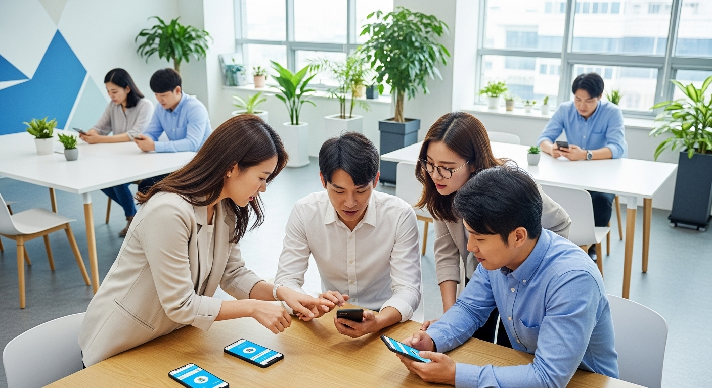 현대적이고 밝은 공동 작업 공간에서 스마트폰으로 토스 앱을 사용하는 바쁜 직장인들