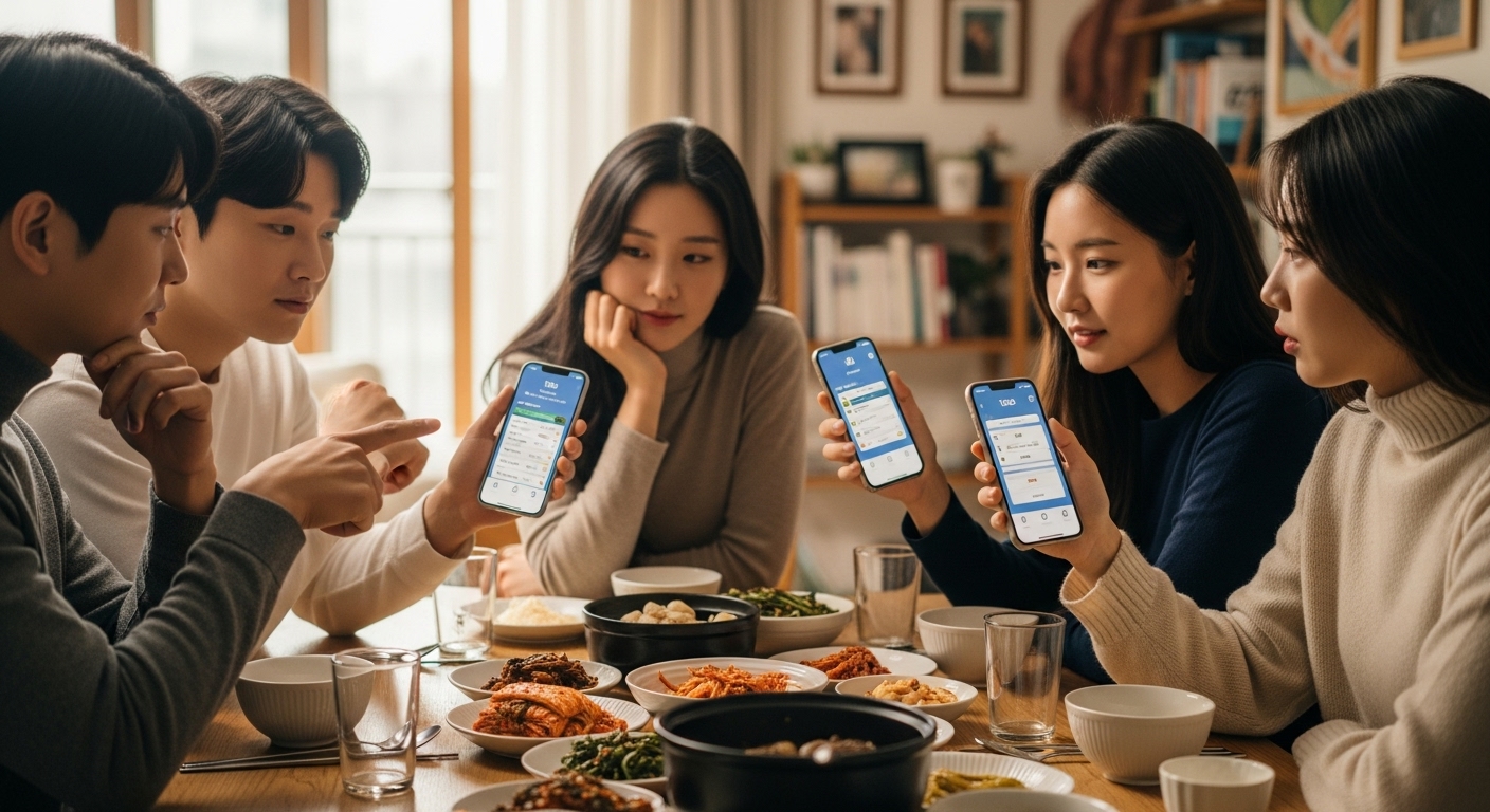 집에서 식탁 주위에 모여 각자의 스마트폰으로 토스 앱을 보며 참여 전략을 논의하는 젊은이들