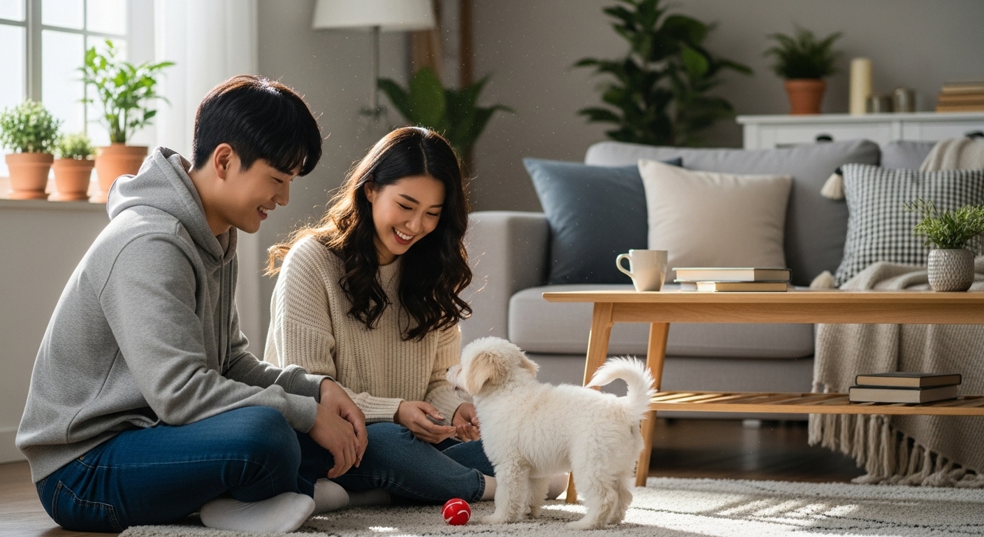 젊은 커플이 거실에서 말티푸 강아지를 보며 미소 짓는 장면