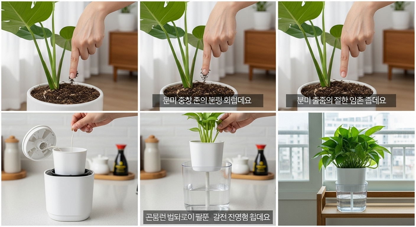 한국 가정에서 손가락으로 흙 마름 테스트와 저면관수 시스템 설치 과정