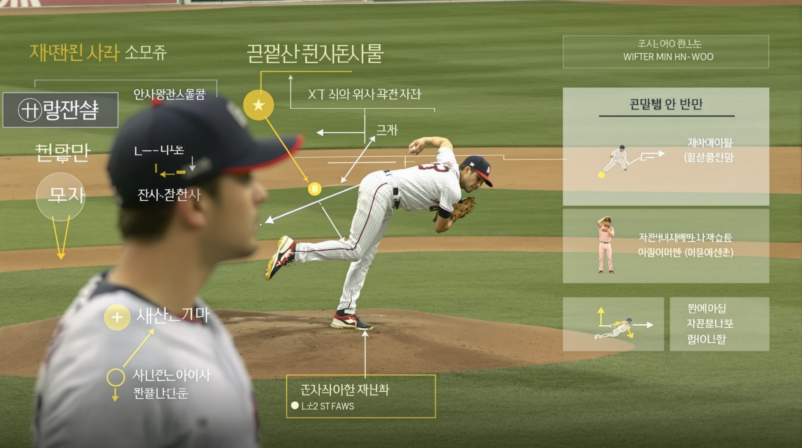 필드에서 투구 전략을 펼치는 김민우 선수의 자세와 그립 분석 장면
