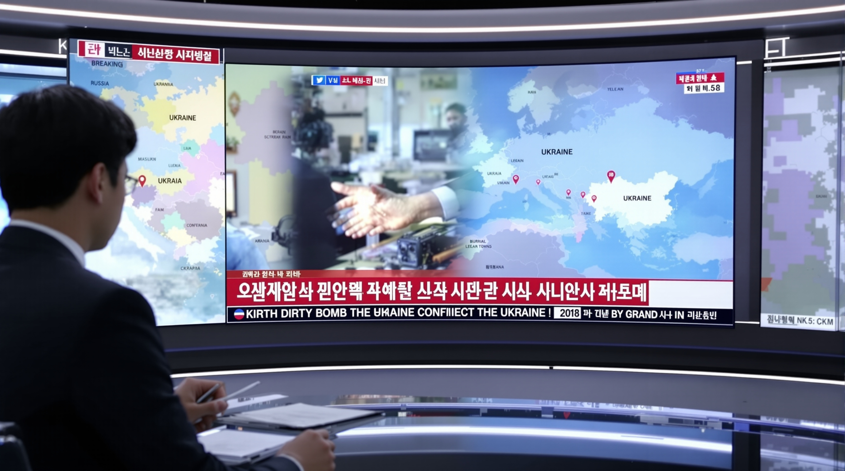 뉴스룸에서 러시아-우크라이나 전쟁 관련 속보를 전달하는 한국 뉴스 앵커