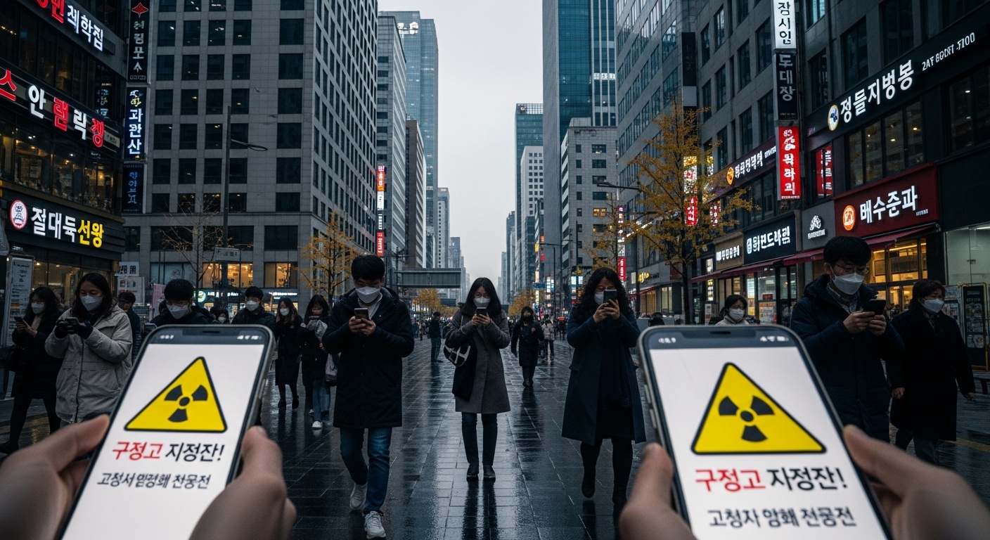 도시 거리에서 스마트폰으로 방사능 경보를 확인하는 시민들