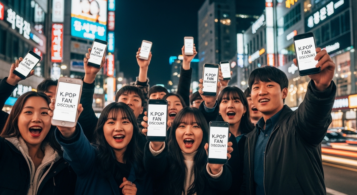 스마트폰을 들고 할인 알림을 확인하는 활기찬 팬들