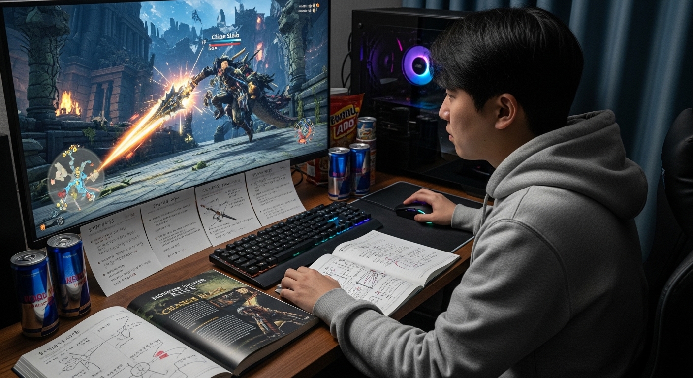 게임 가이드와 노트로 둘러싸여 몬스터헌터 슬라이드 베기를 연습하는 플레이어