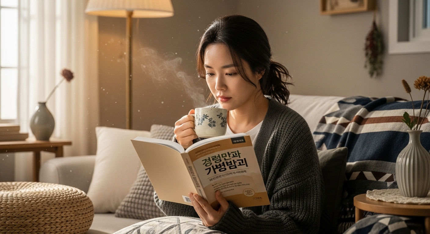 편안한 거실에서 보리차를 마시며 건강 가이드를 읽고 있는 여성
