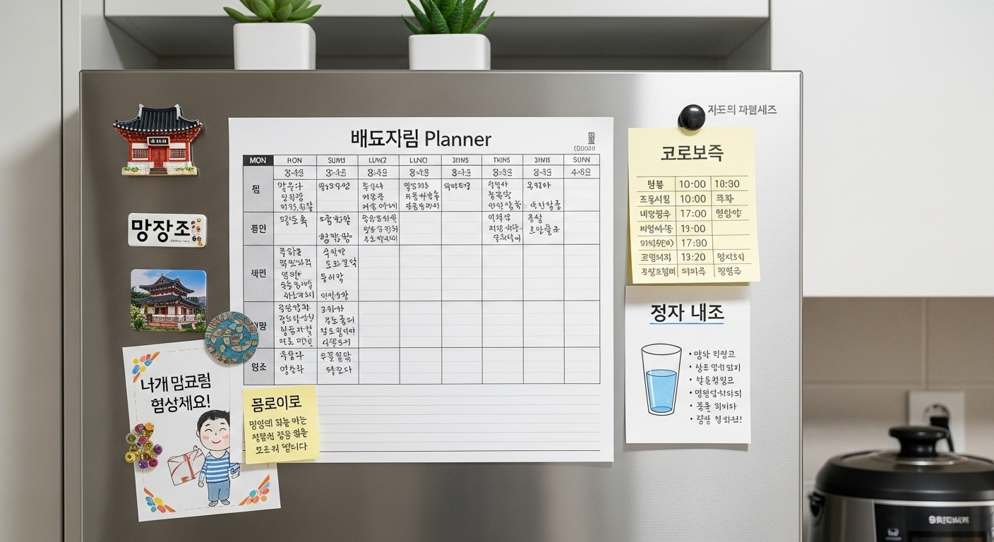 냉장고 문에 붙여진 주간 식단 계획표와 수분 섭취 메모