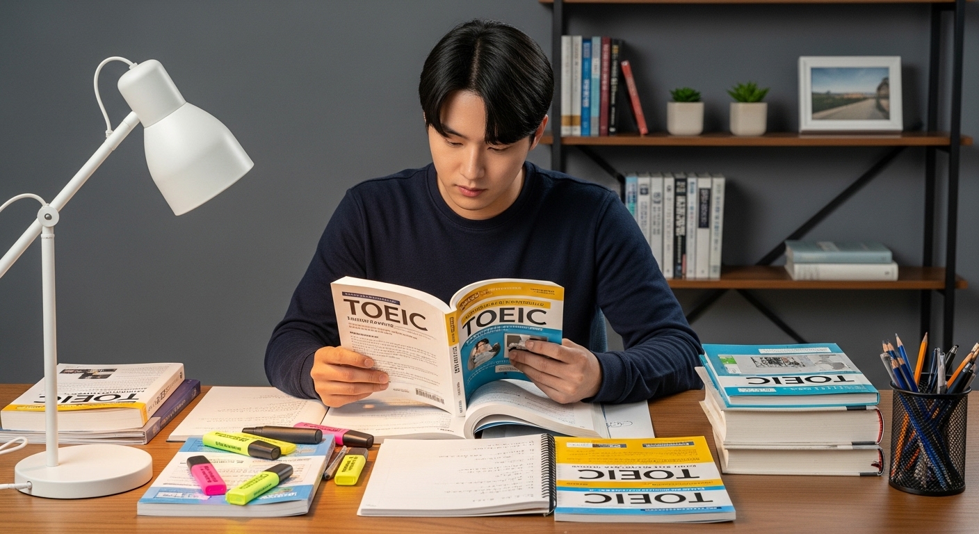 책상 위에 토익 준비책과 필기구를 놓고 집중하고 있는 학생의 모습