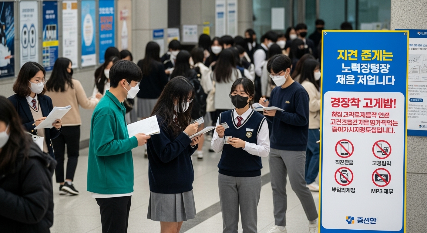 시험장 로비에서 마스크를 착용하고 신분증을 들고 있는 수험생들 모습과 전자기기 반입 제한 안내문