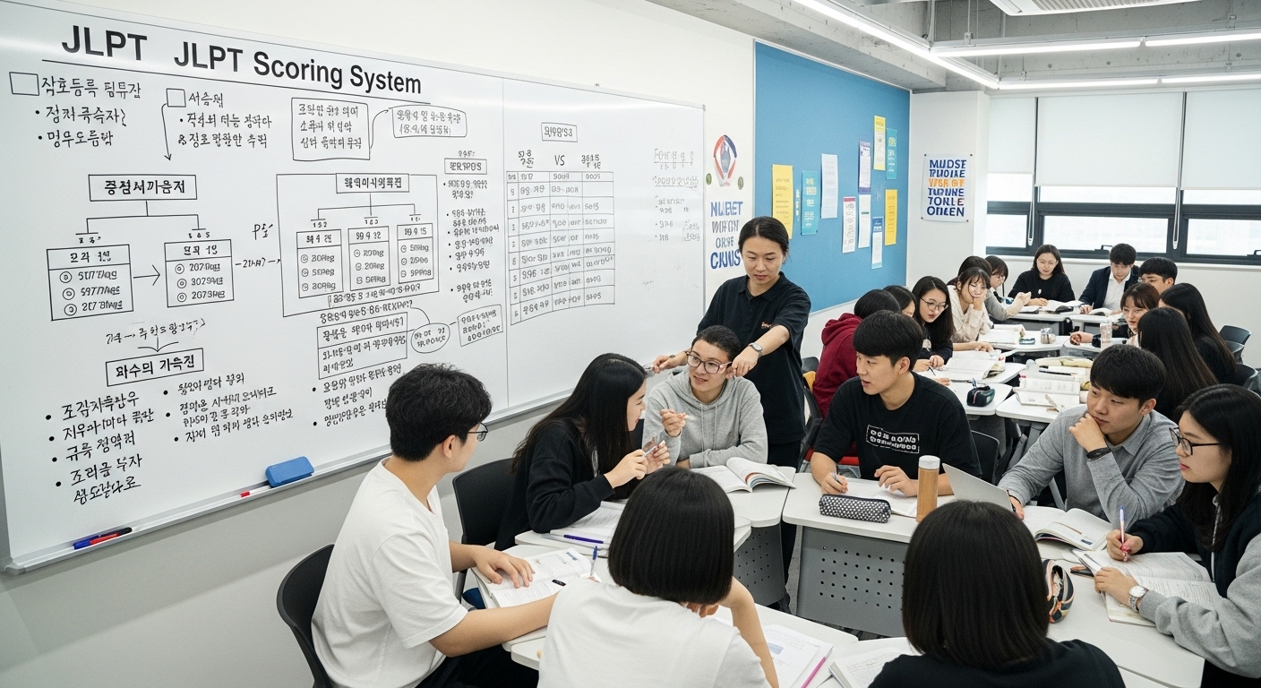 교실에서 JLPT 점수 체계 변화를 공부하는 학생들 모습