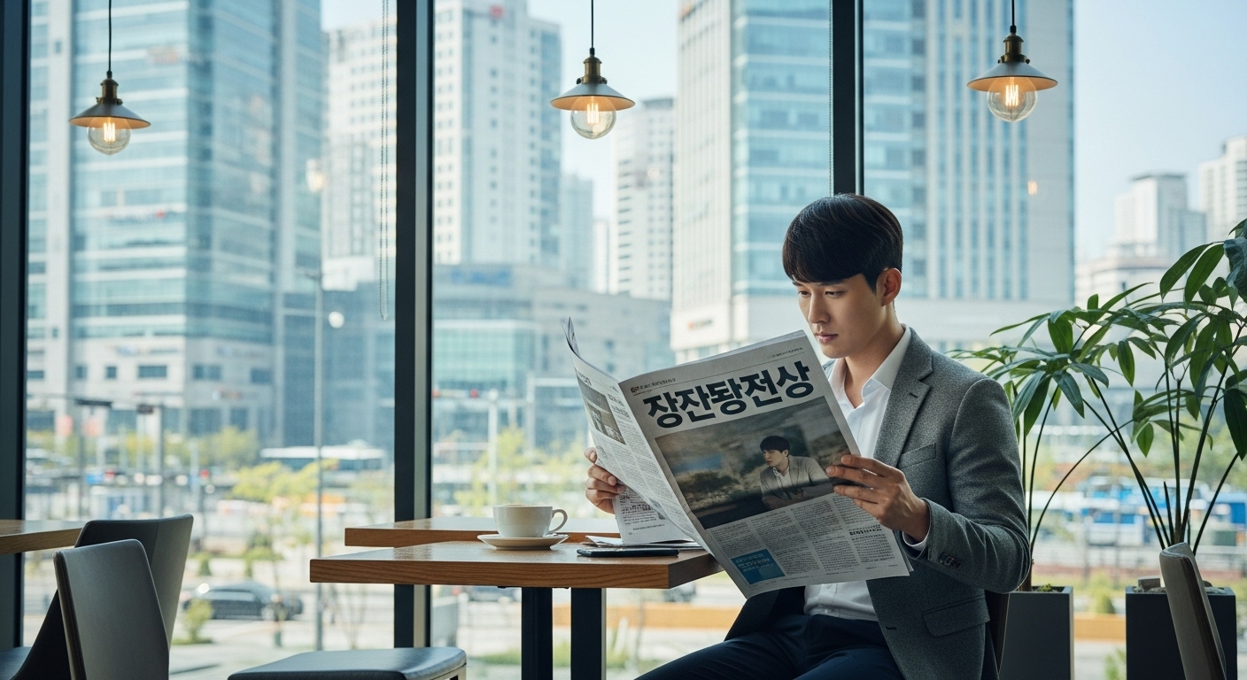 현대적인 카페에서 신문을 읽고 있는 직장인의 모습
