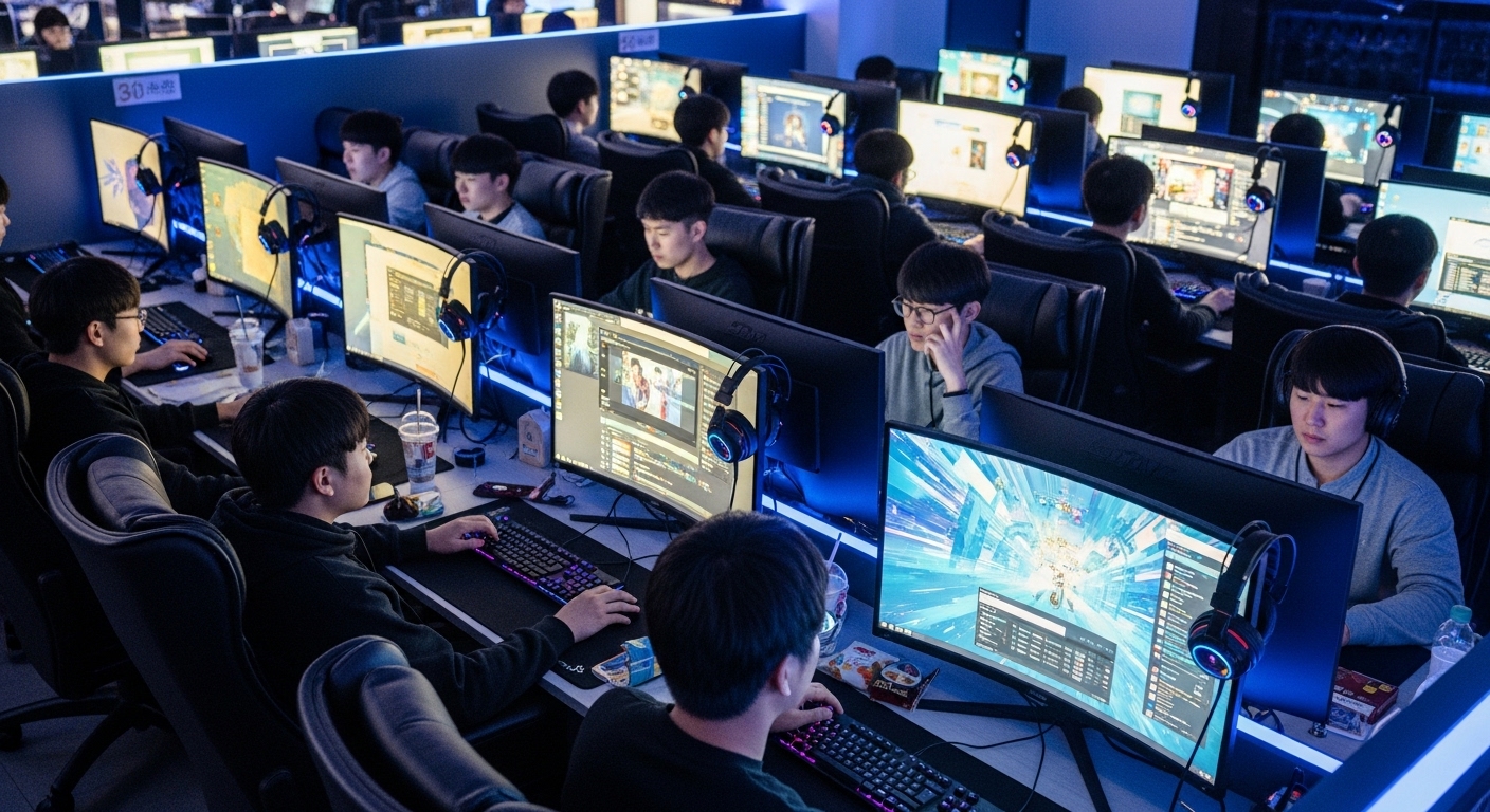 인터넷 카페에서 온라인 콘텐츠에 몰두하는 한국 청소년들의 활기찬 모습