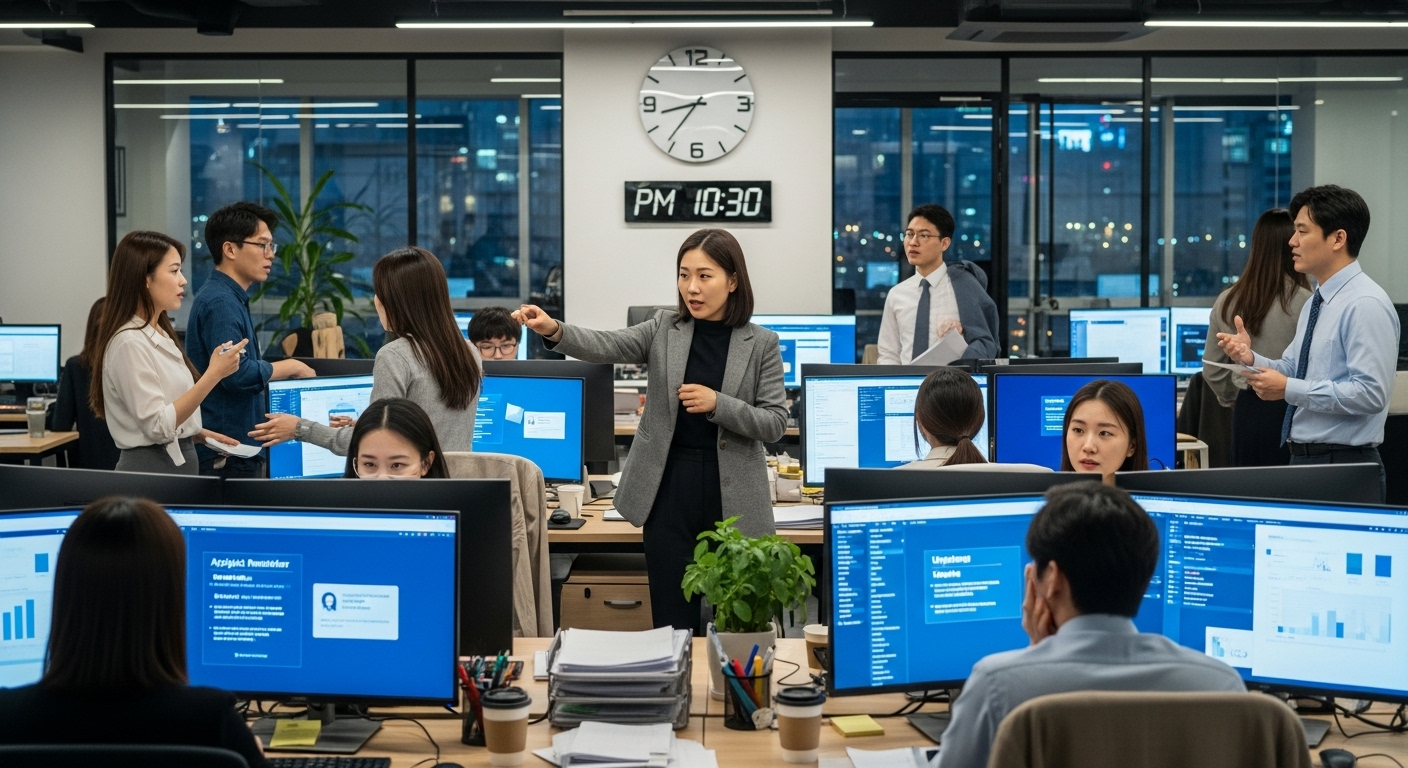 바쁜 사무실에서 마감 기한에 대해 논의하는 모습과 컴퓨터 화면에 뜬 알림