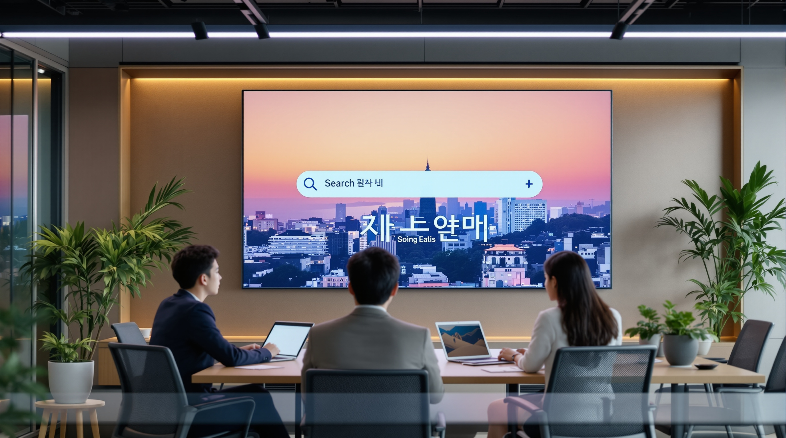 한국 사무실에서 디지털 스크린에 '하지원 기황후' 키워드가 표시되고, 젊은 직장인들이 역사 드라마의 리더십 트렌드에 대해 토론하는 모습
