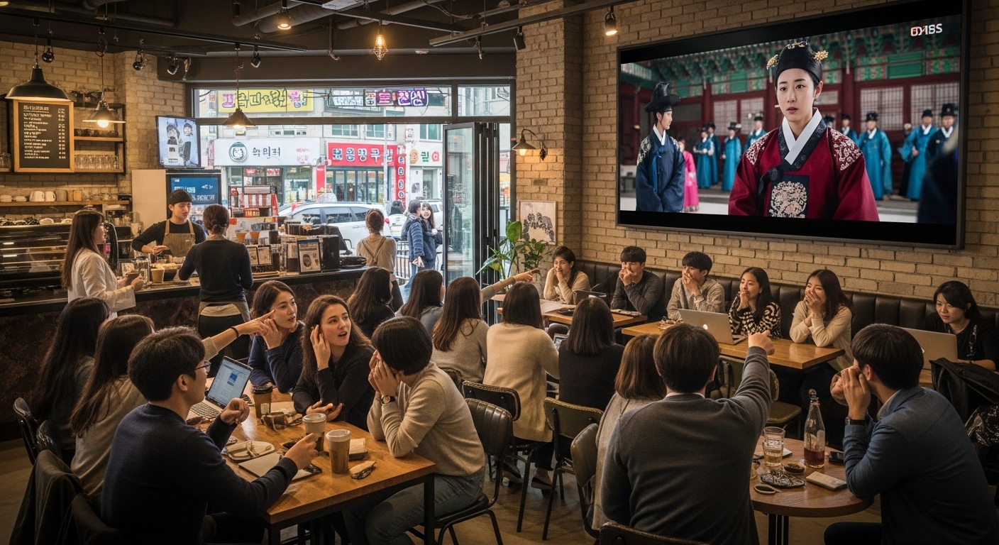 서울 카페에서 MZ세대 청년들이 대형 TV로 드라마 '기황후'를 시청하며 흥미진진한 표정을 짓고 있는 장면