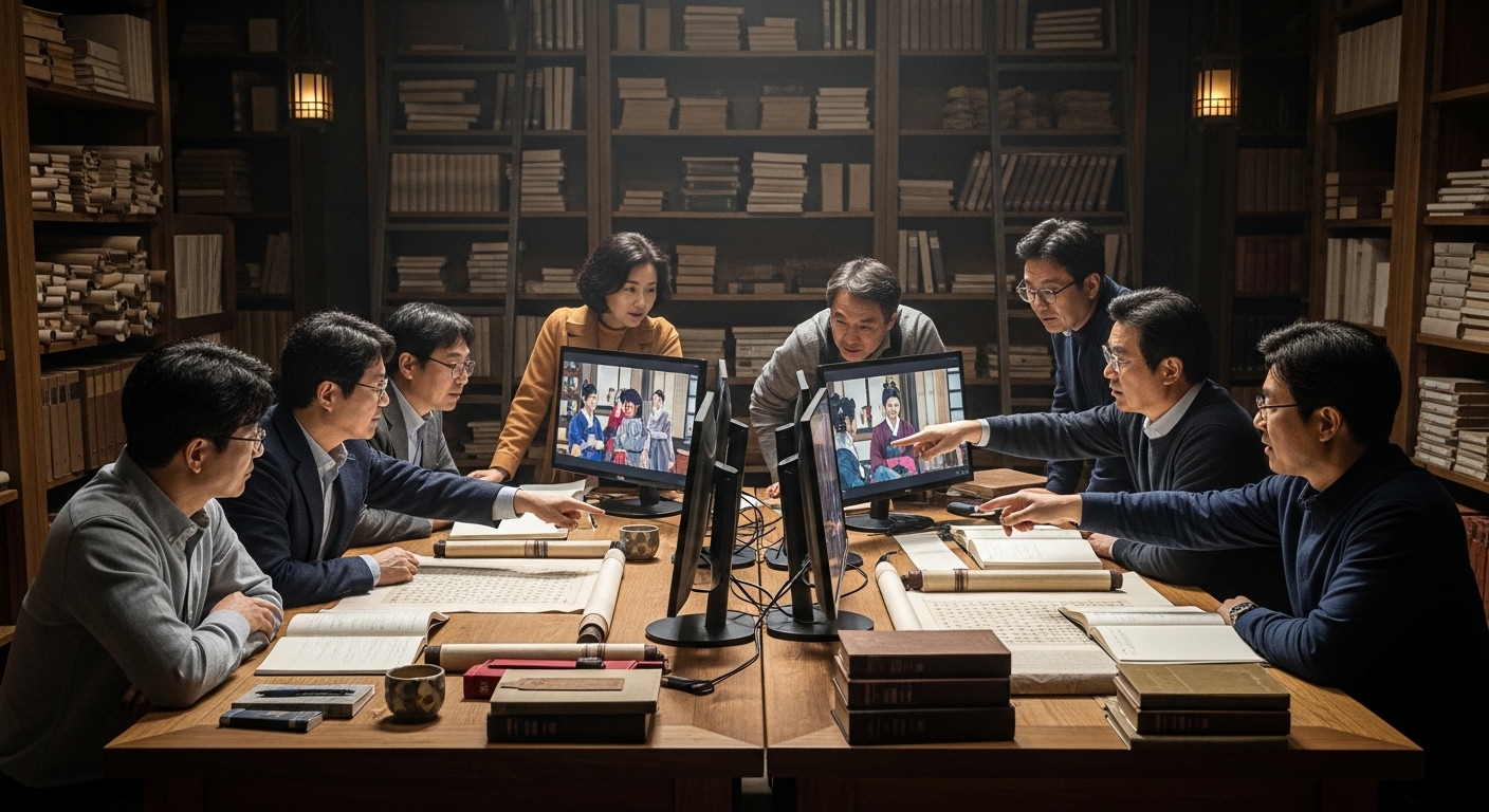 고서와 현대 기술이 혼재된 도서관에서 한국 역사가들이 역사 문헌과 드라마 '기황후' 장면을 비교 분석하는 모습