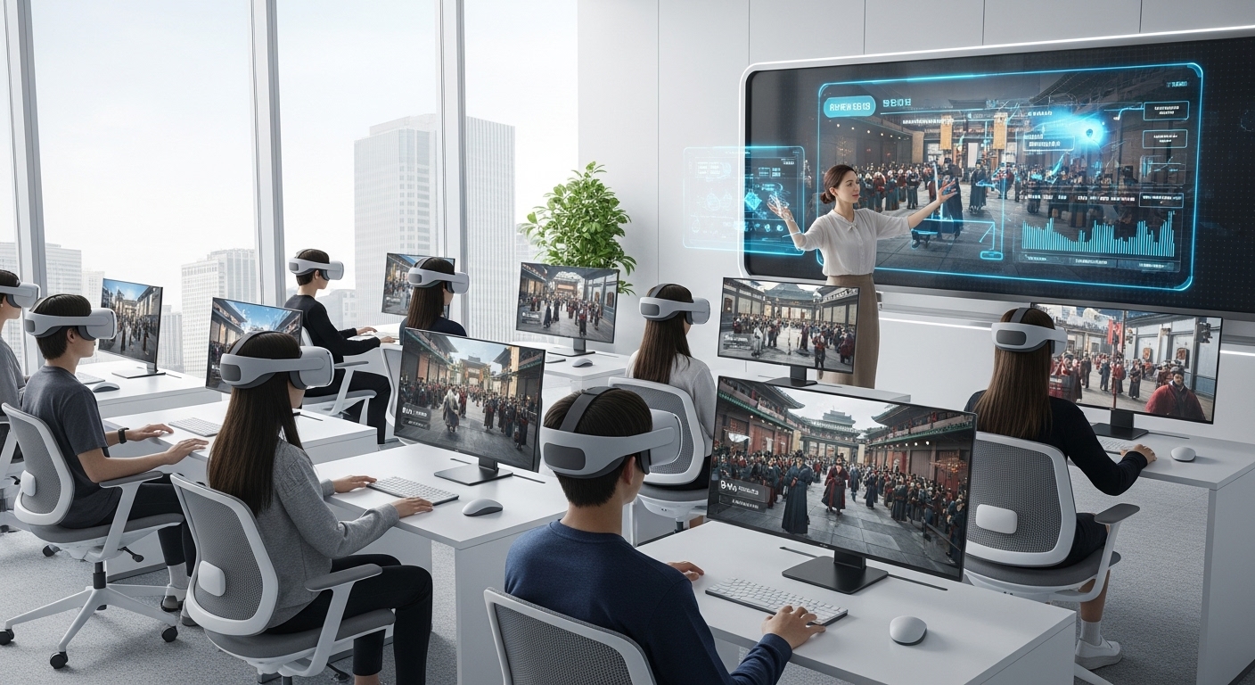 학생들이 VR 헤드셋을 착용하고 드라마 '기황후' 기반 가상 시나리오를 체험하며 리더십 연습을 하는 미래 교실 모습