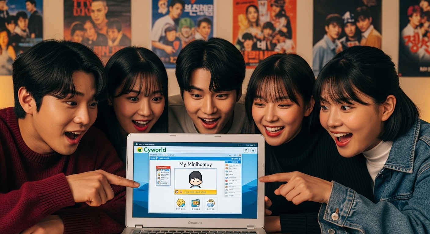 노트북 화면에 싸이월드를 보며 흥분하는 젊은 성인들