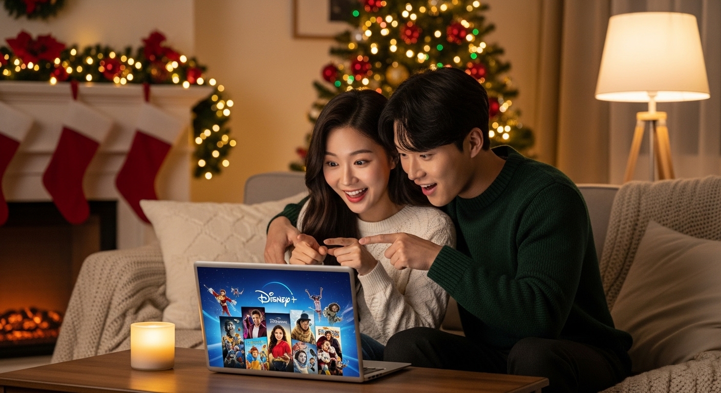 젊은 커플이 거실에서 노트북 화면의 디즈니플러스 프로모션을 보고 있는 모습