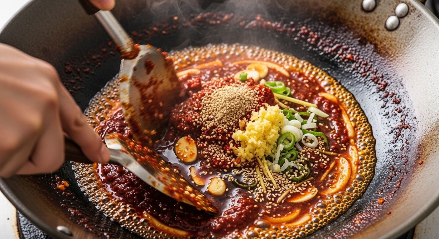 다양한 향신료와 소스를 섞으며 매콤한 맛을 강조한 장면