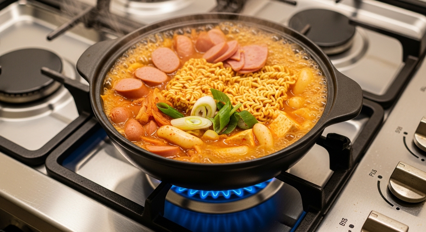 가스레인지 위에서 부글부글 끓고 있는 부대찌개와 불 세기를 조절하는 손길