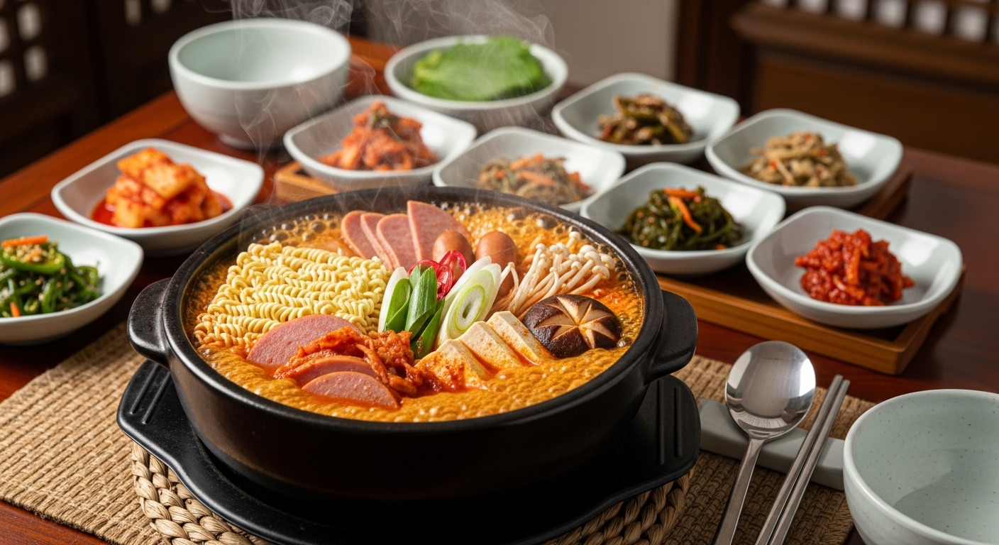 전통적인 한국 식탁에 뜨거운 돌솥에 담긴 부대찌개와 김치 및 반찬이 함께 차려진 모습