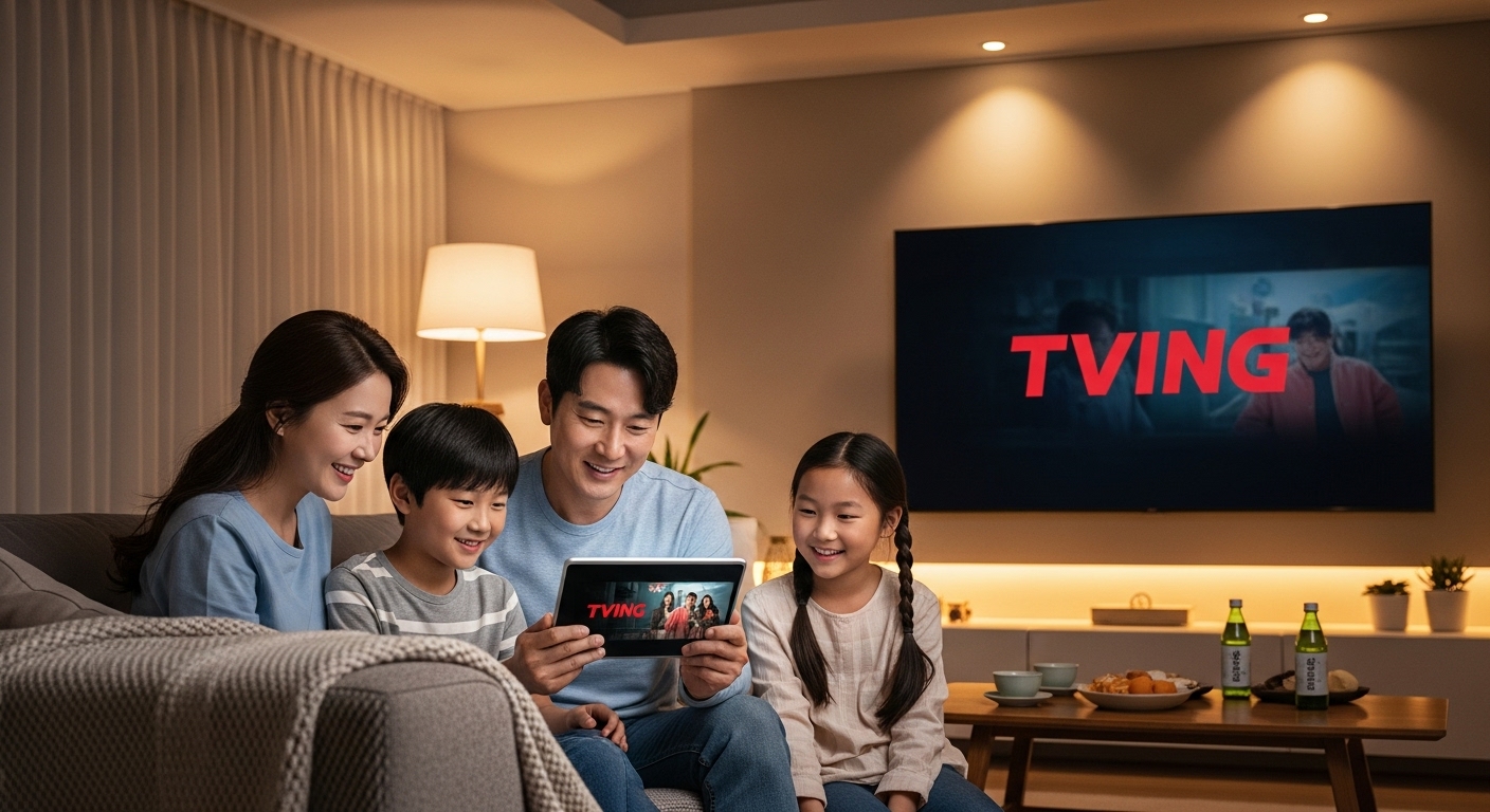 가족들이 집에서 태블릿으로 티빙 콘텐츠를 스트리밍하는 장면