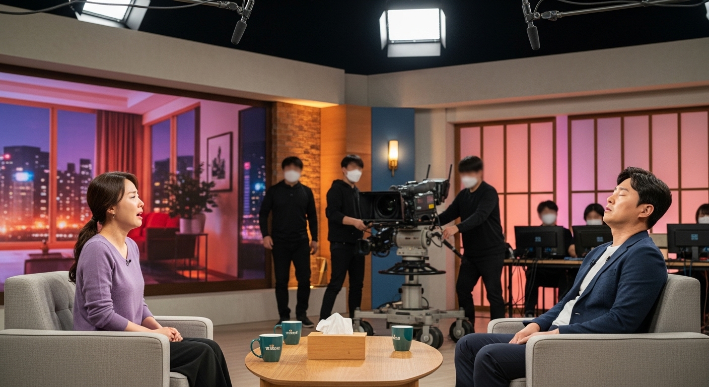 한국 부부가 TV 세트장에서 상담을 받는 모습