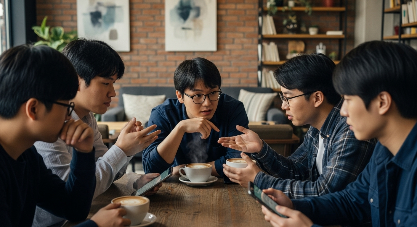 카페에서 한국 게이머들이 돈 대 인간관계와 같은 주제로 토론하는 장면