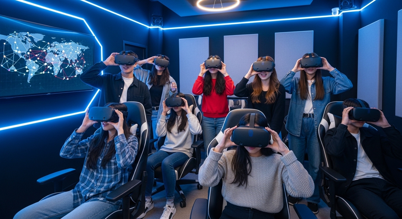 다양한 젊은 층이 현대적인 게임 라운지에서 VR 헤드셋을 사용하며 글로벌 확장과 사회적 영향력을 체험하는 장면