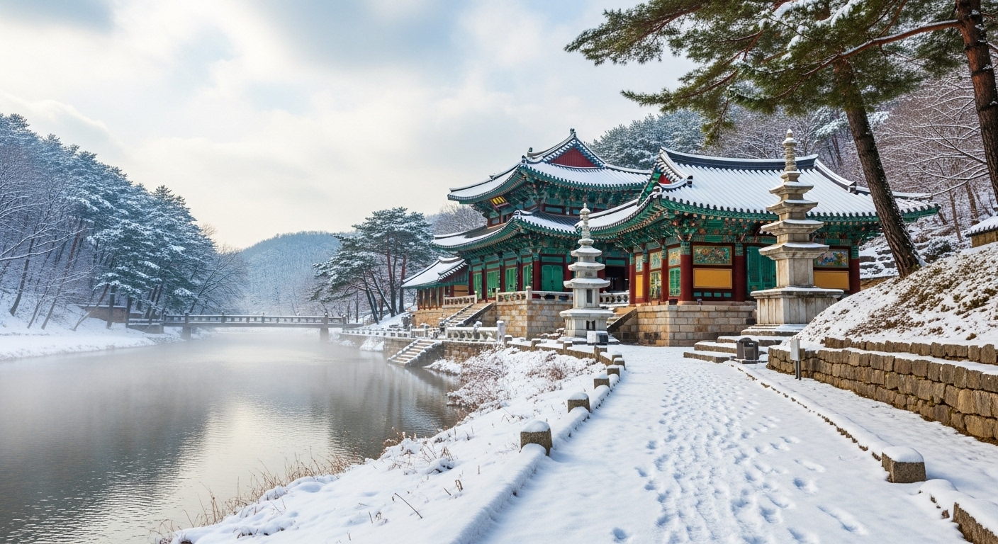 남한강 변 설경과 사찰 건축물이 어우러진 강변 산책로