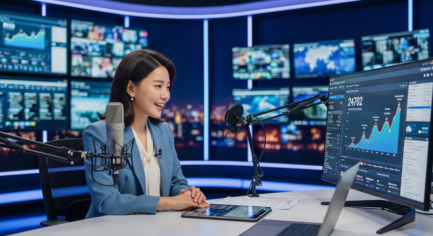 현대적인 방송 스튜디오에서 유튜브 분석 화면을 보는 아나운서