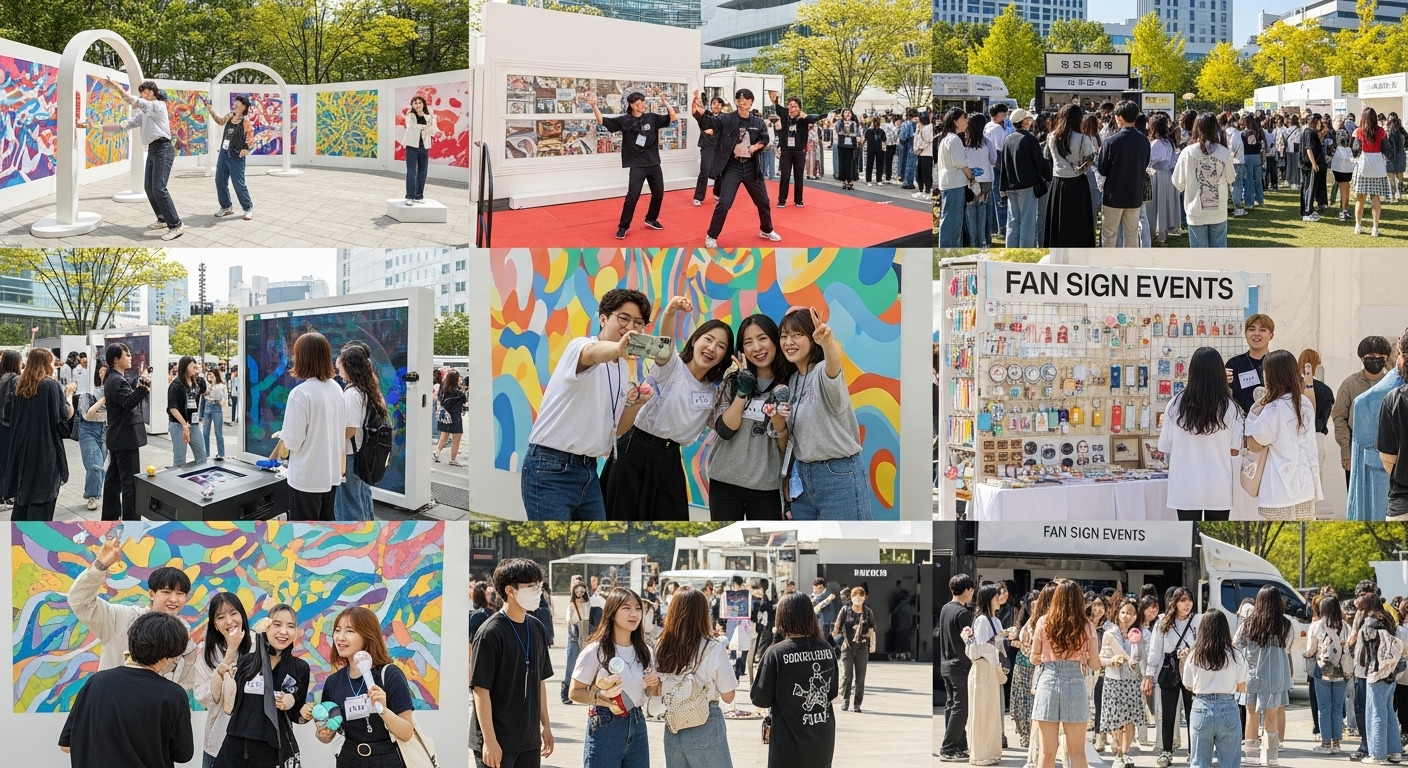 야외 이벤트에서 활기차게 활동하는 젊은 팬들의 모임