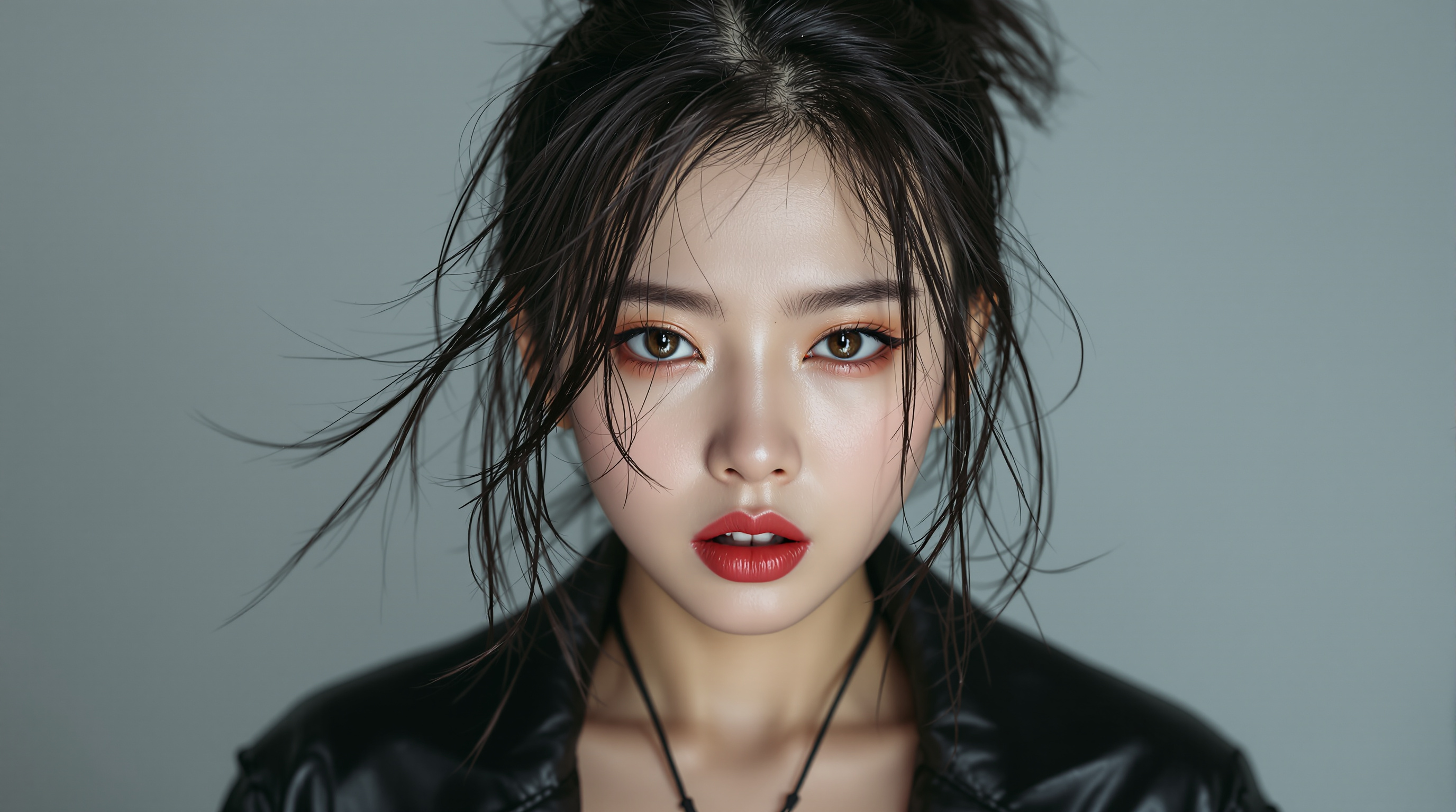 현대적이고 강렬한 패션을 입고 진지한 표정을 짓는 배우 김유정의 모습