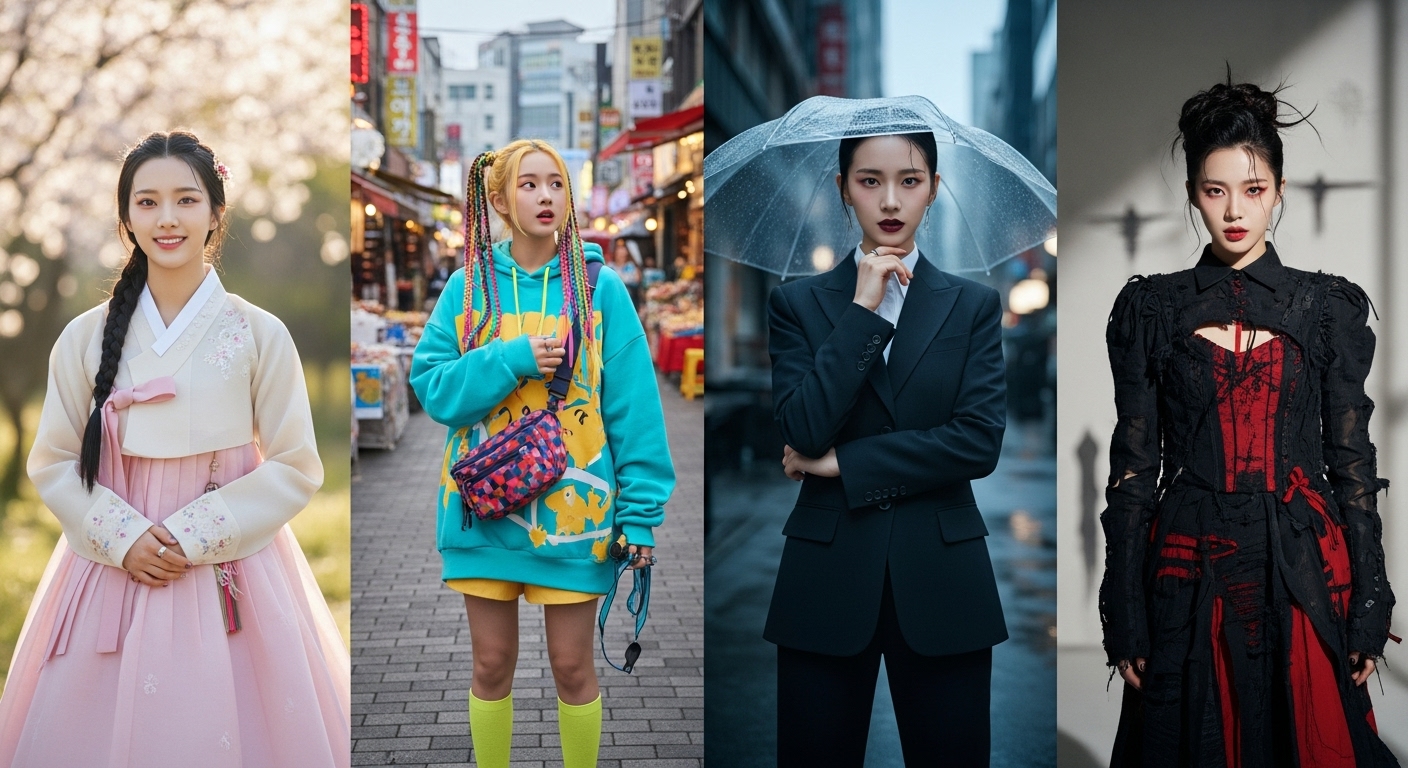 밝고 순수한 스타일에서 어둡고 세련된 스타일로 변화하며 내면 갈등을 반영하는 복잡한 한국 캐릭터의 패션 진화
