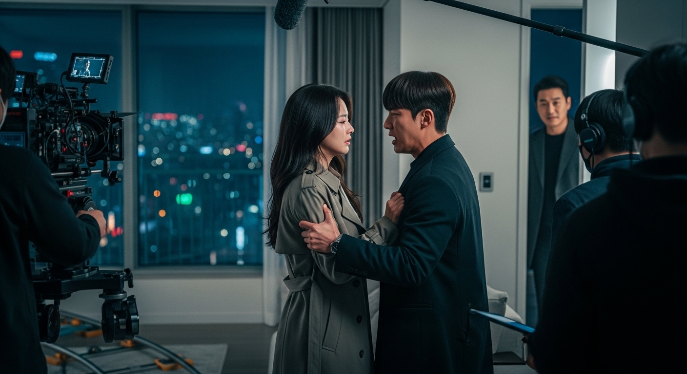 다양한 배우들이 출연하는 현대 멜로드라마 촬영 현장