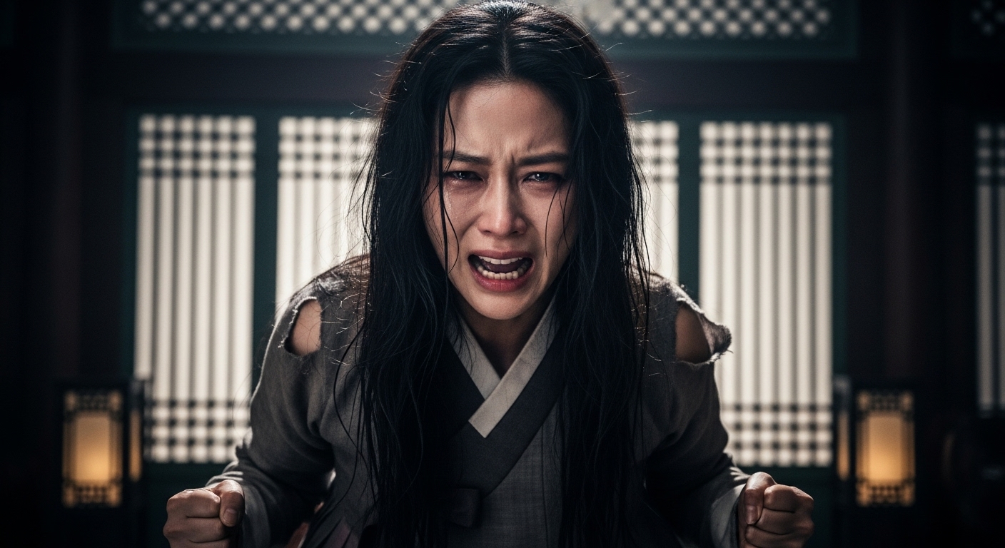 강렬한 감정과 극적인 장면 속 악역을 연기하는 한국 여배우