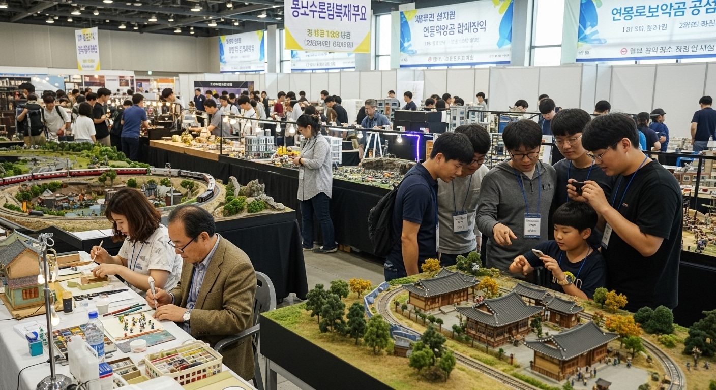 다양한 한국 취미가들이 모여 전시회에서 교류하고 있는 활기찬 장면