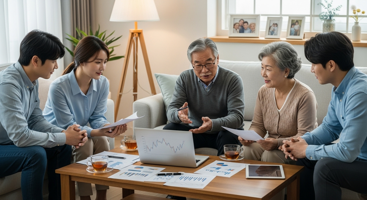 다양한 세대가 모여 금융 계획을 논의하고 있는 모습