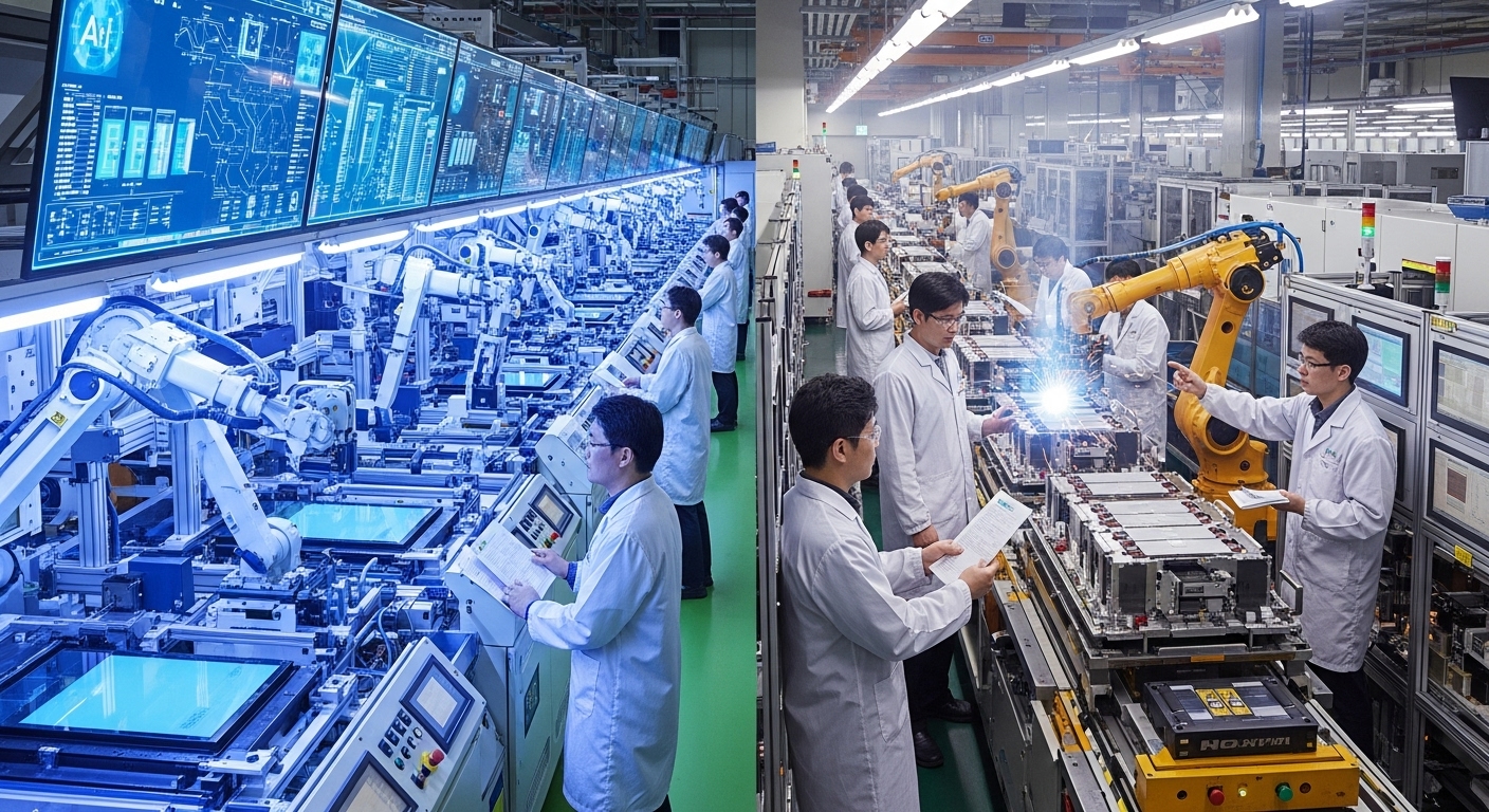 AI 반도체와 배터리 시스템 생산 라인을 감독하는 엔지니어들이 있는 산업 현장