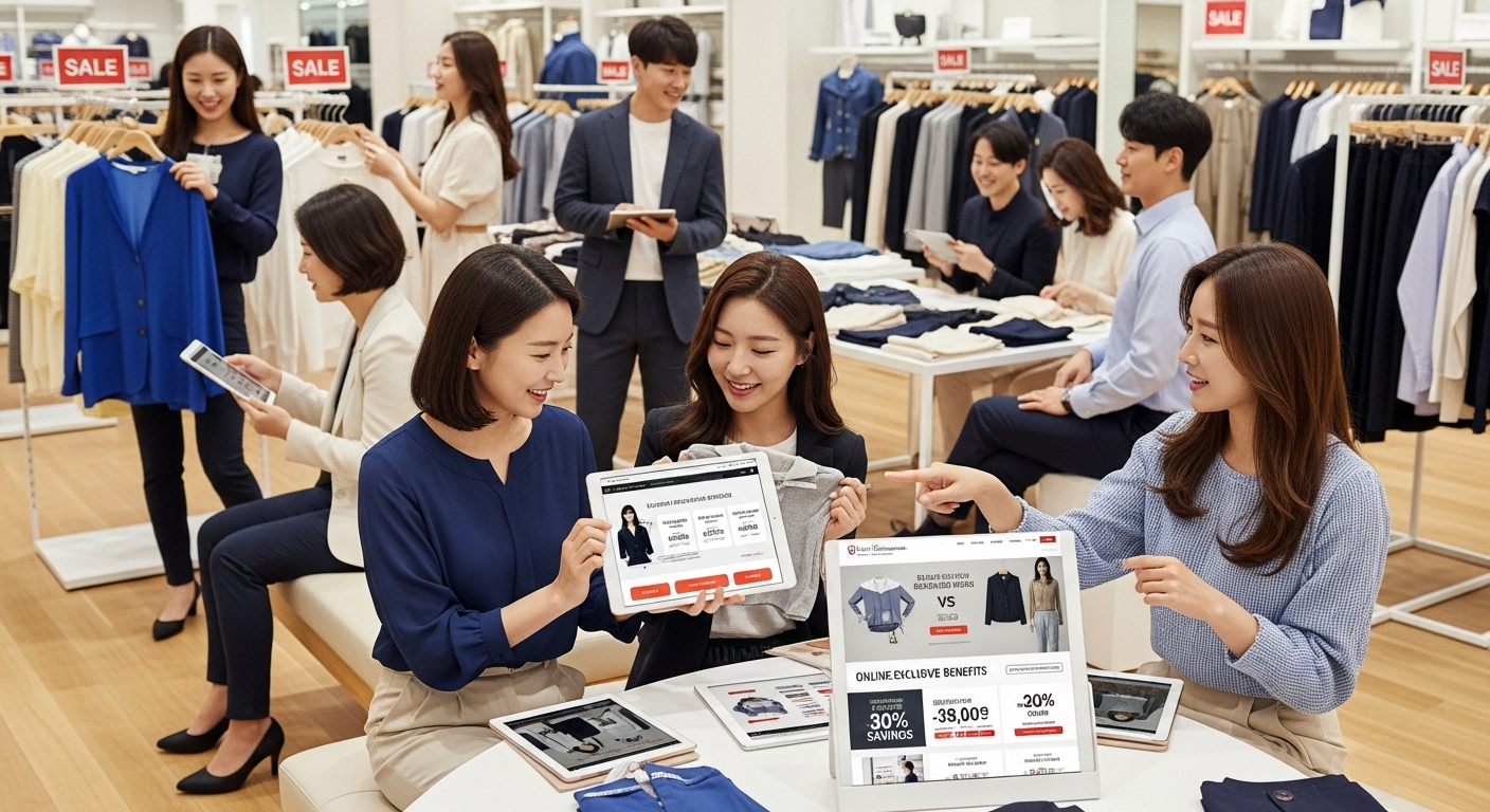 한국 소비자들이 온라인과 오프라인에서 의류를 비교하며 쇼핑하는 모습