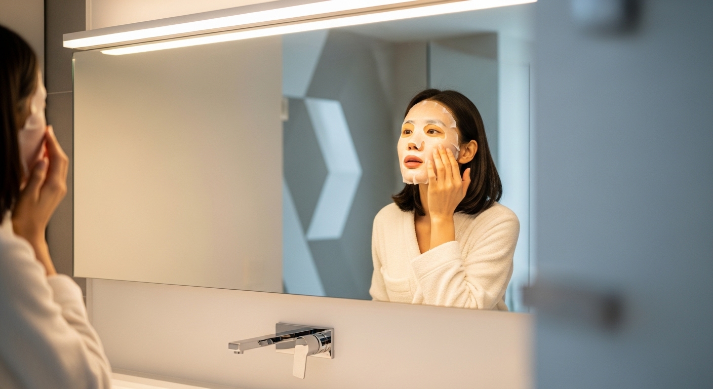 현대적인 욕실에서 여성의 집중적인 얼굴 관리 장면